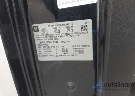 2012 Chevrolet Traverse Ltz from USA, damaged, VIN 1GNKVLED3CJ107542